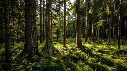 Naklejka premium Sunlit Forest Interior With Dense Green Vegetation and Tall Trees