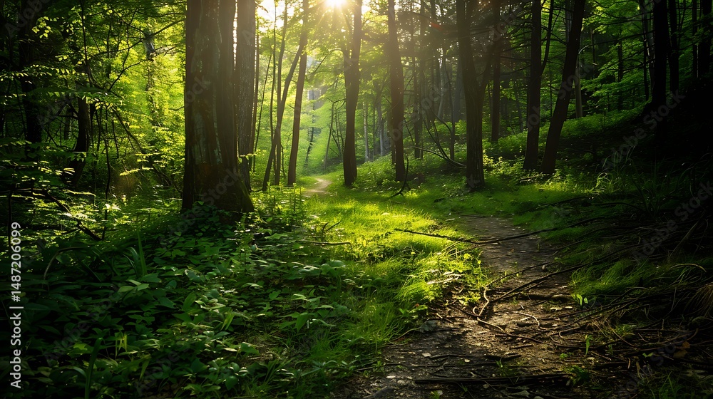 Poster sunlit forest path through green trees with sunlight shining down during daytime