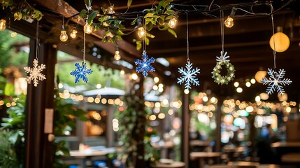 UI concept featuring frosted glass elements, hanging snowflake icons, and a cozy light-illuminated call-to-action area