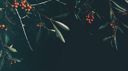 An elegant winter floral design with dark background tones, featuring intricate branches, delicate leaves, and bright winter berries, ideal for high-end winter textiles.