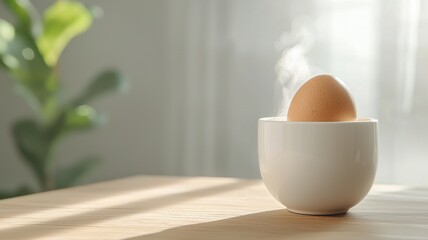 Steaming Boiled Egg in White Egg Cup on Wooden Table with Sunlight egg sunlight boiled egg breakfast