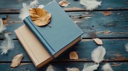 Stacked books with autumnal accents on a weathered wooden surface.
