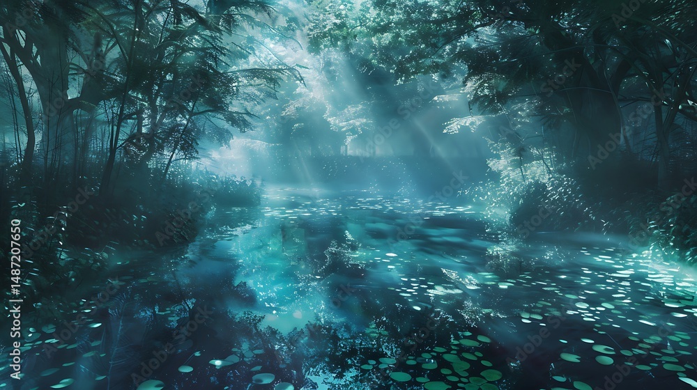 Poster sunlit forest path with tree canopy and atmospheric light beams in nature