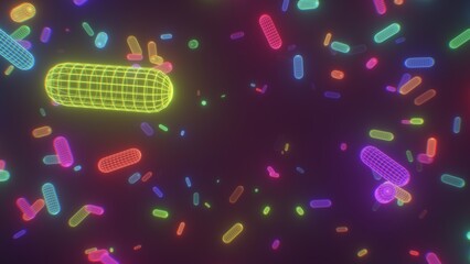 Vibrant Wireframe Neon Capsules Flying Through Surreal Digital Realm - Abstract Background Texture