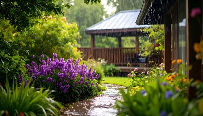 Fototapeta premium Lush Garden Scene with Raindrops and vibrant flower