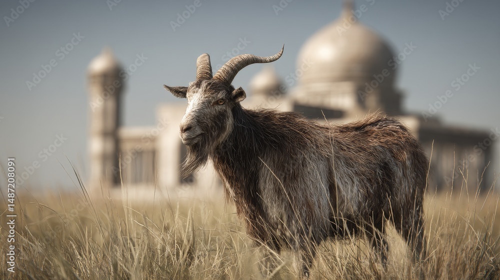 Poster goat in a field in front of a mosque.