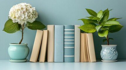 Books, plants, and serenity arranged on a light-blue shelf.