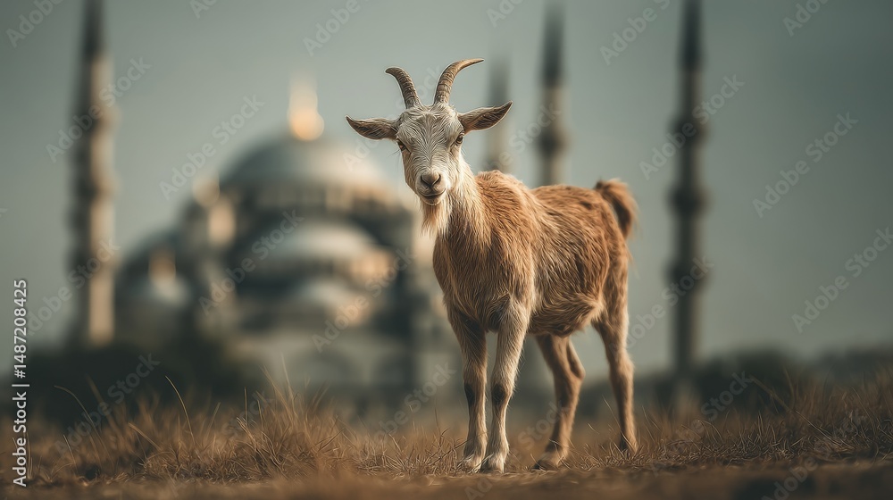 Poster goat in front of a mosque in a field.