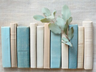 Stacked books of muted tones, accented by eucalyptus sprigs.