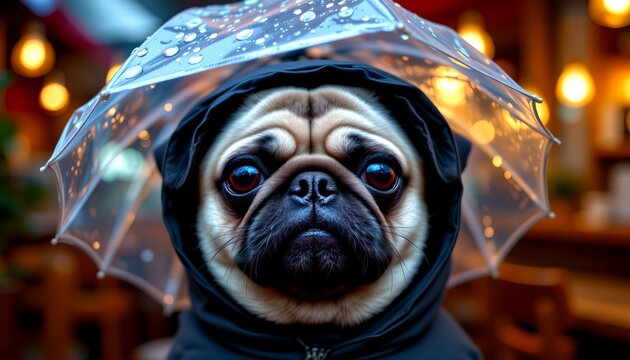 "pug in transparent umbrella hat," grumpy face with raindrops on plastic cover, cozy café backdrop, f/3.5, bokeh lights.