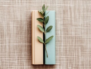 Two books, light beige and teal, rest vertically, accented by a sprig of greenery.