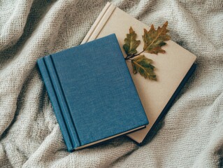 Two books rest atop a soft, woven blanket.