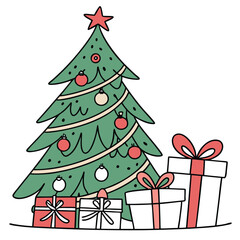 Christmas Tree and Gift Flat Illustration