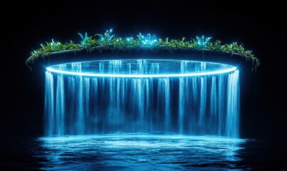 Glowing circular waterfall, plants, dark background; futuristic nature scene, website banner