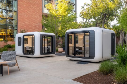 Modern outdoor workspace pods in a serene garden setting with greenery and urban architecture