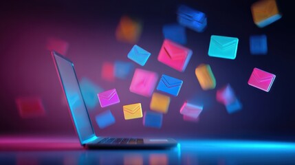 Colorful email icons floating around a laptop with vibrant lights, representing digital communication and online correspondence in a modern space
