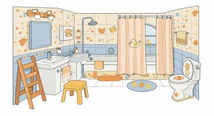 Colorful pastel bathroom interior design illustration