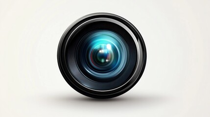 A digital photo camera lens, an isolated piece of optical photography equipment with zoom and focus, is captured in a studio photograph against a white background