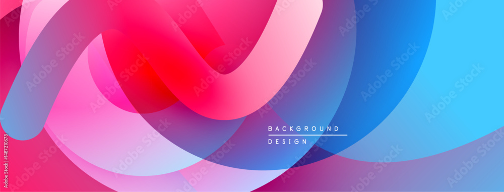 Poster Abstract fluid shapes blend vibrant pinks, blues, reds. Gradient colors create dynamic visual flow. Modern design element.