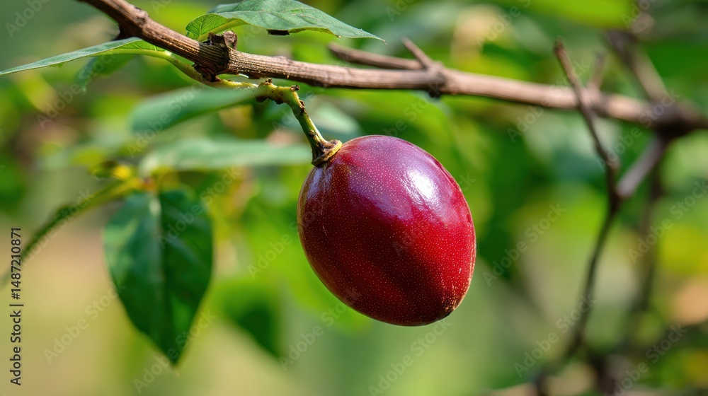 Poster a vibrant close up image showcasing a single ripe red fruit still attached to its branch against the