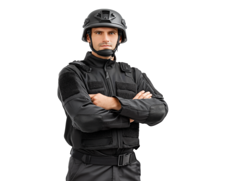 A police officer in a black uniform, with arms crossed, wearing a full-face mask and helmet, against a transparent background.