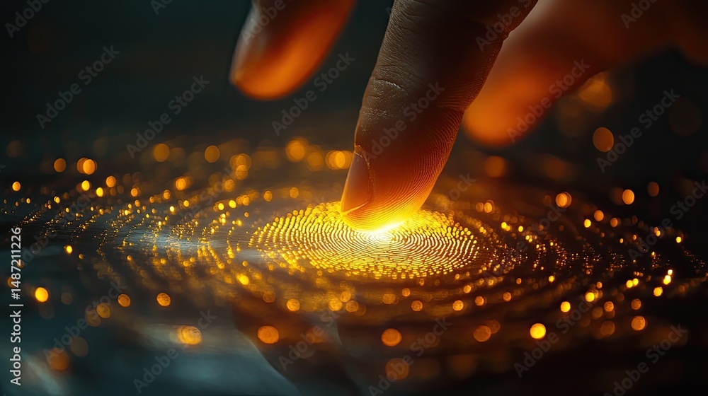 Aufkleber fingerprint scan verification: a close-up of a fingertip hovering over a glowing, digital fingerprin