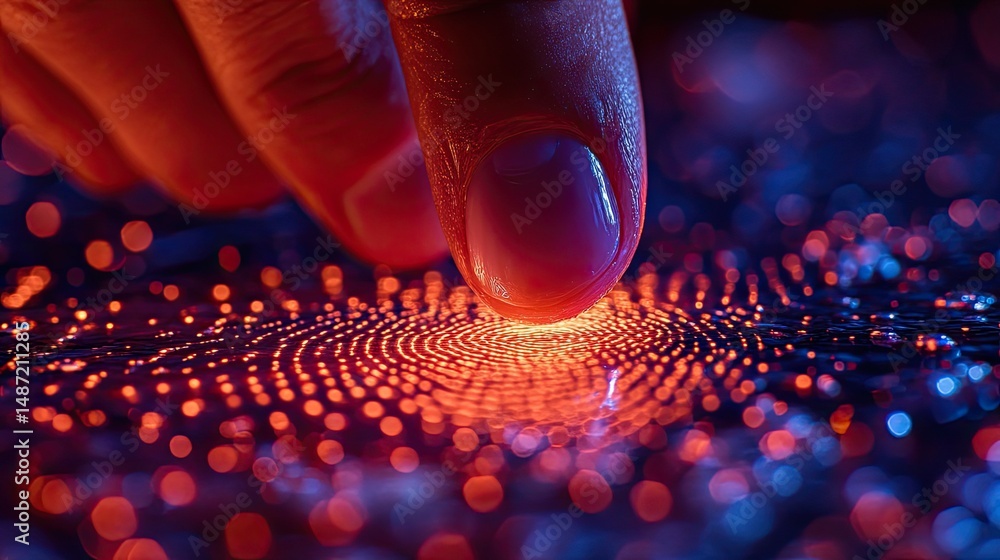 Poster fingerprint scan verification: a close-up of a fingertip hovering over a glowing, digital fingerprin