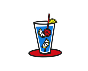 Refreshing blue drink with lemon slices in a glass on a red base  