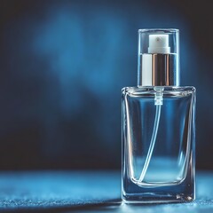 Aromatic essence captured in a sleek, crystalline vessel with subtle blue backdrop