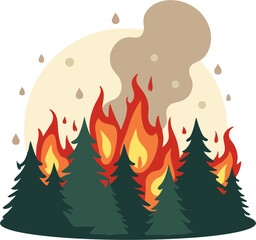 Minimalist Vector Illustration of Forest Wildfire with Smoke and Burning Pine Trees – Climate Change and Environmental Disaster Concept