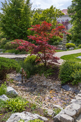 A traditional bamboo water spout and red maple tree decorate a tranquil area of a Japanese-style garden with pebbles and flowing stream in Vienna, Austria.