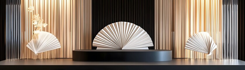 Elegant display of a white fan on a black podium.
