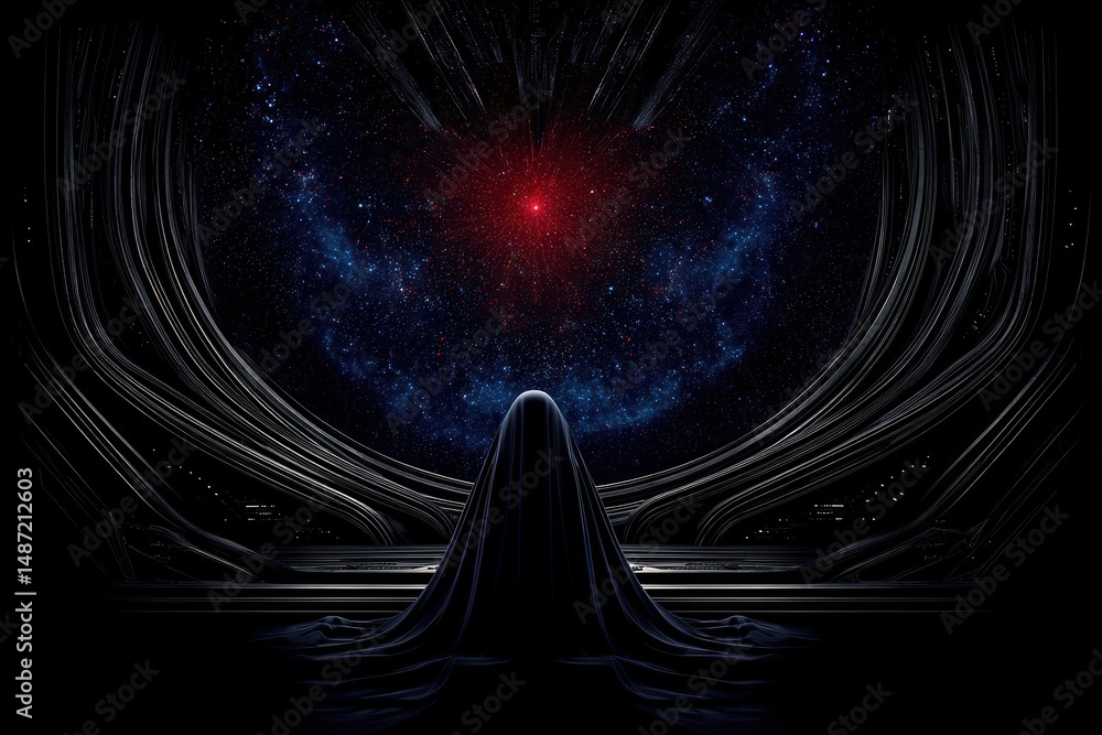 Poster mysterious figure silhouette gazing into cosmic expanse filled with stars and a bright red point fro