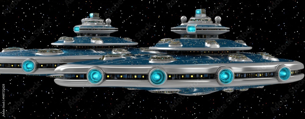 Aufkleber futuristic spaceships in outer space with blue lights and starry background showcase science fiction