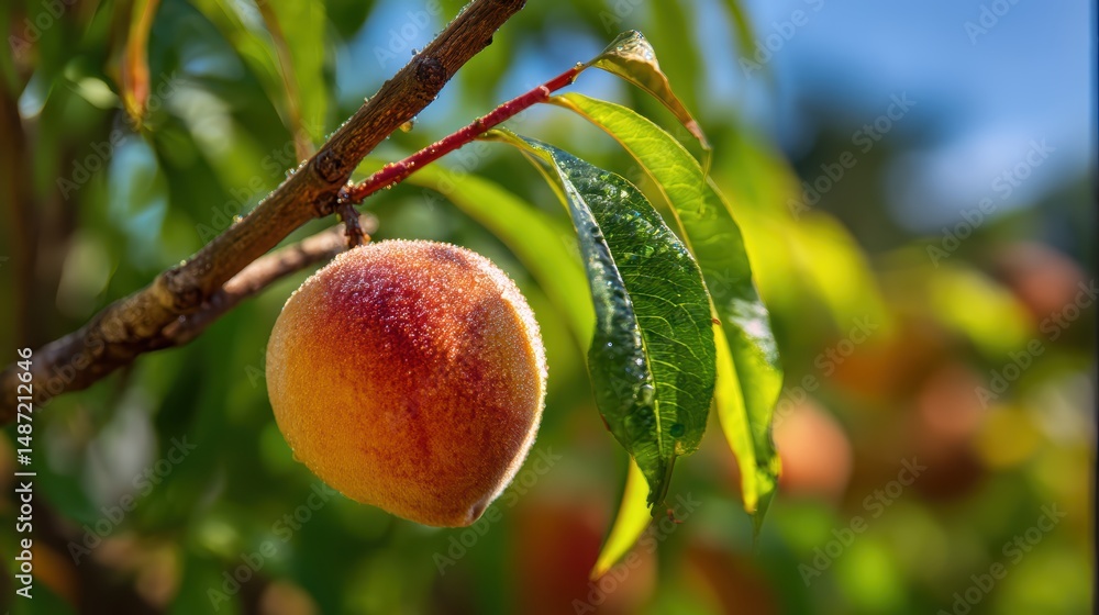 Poster a close up view of a fresh peach ripening on the branch with green leaves and sunlight in a blurred 