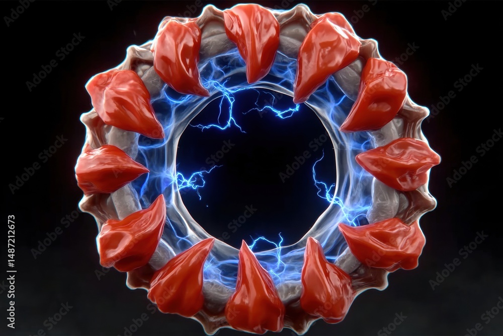 Poster stunning 3d illustrative rendering of a circular object with red tips and electric blue lighting eff