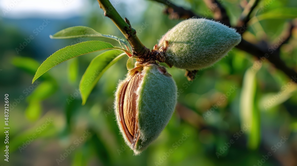 Poster close up of developing green almonds on a branch showcasing the natural growth and texture of the nu