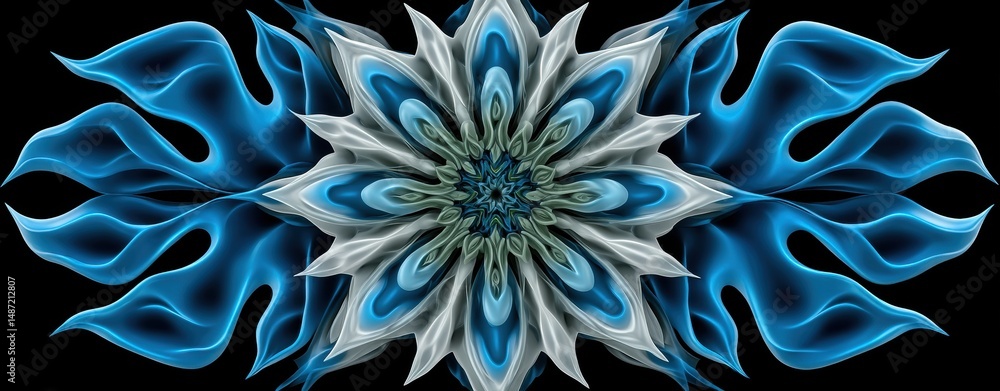 Poster abstract floral design with blue and gray hues, featuring intricate patterns and flowing shapes agai