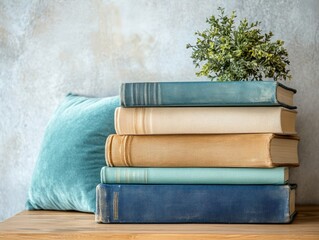 Stacked vintage books and a teal pillow on a wooden surface.