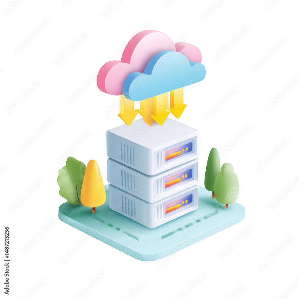 Poster colorful 3d cloud storage concept with servers and trees for modern technology and data management v