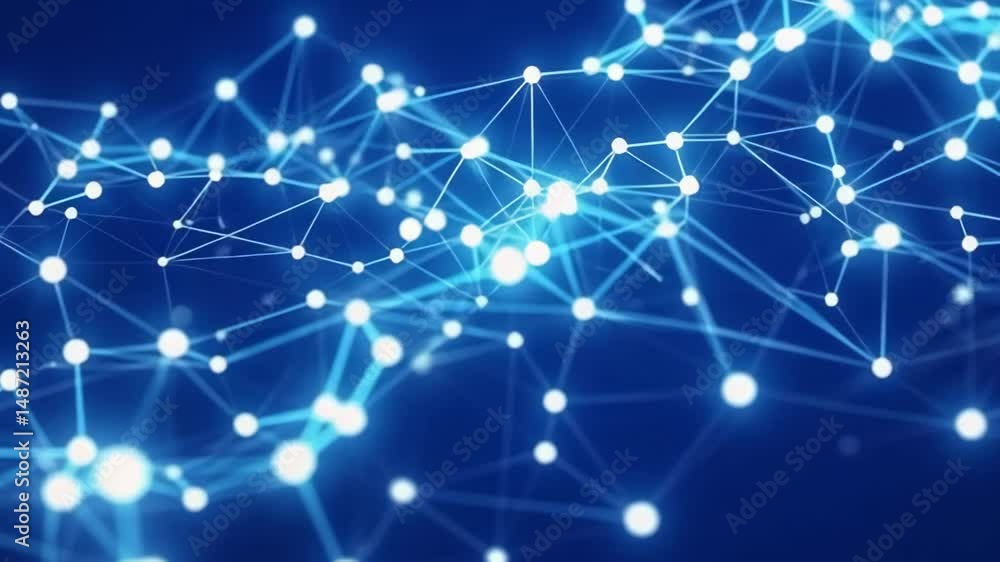 Poster blue digital network connections with glowing nodes and dynamic lines on dark background