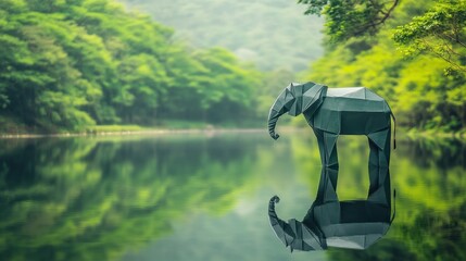 A serene paper origami elephant reflects by a calm lake surrounded by lush trees