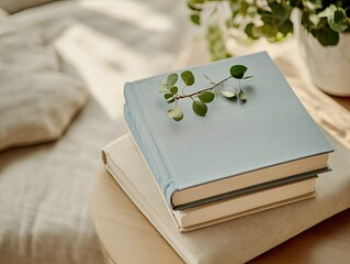 Stacked photo albums, resting gently on a wooden surface.