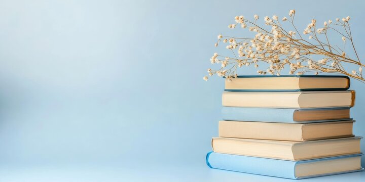Stack of books with dried flowers against a light blue background.
