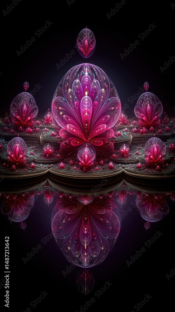 Aufkleber stunning abstract design with pink flower shapes and reflective surface in a dark background for vis