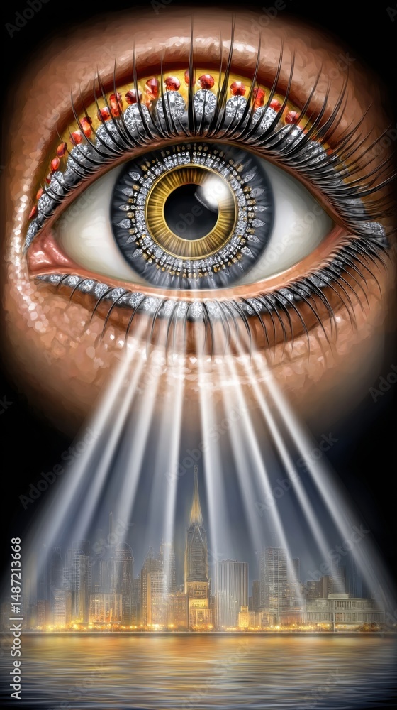 Poster surreal eye artwork with cityscape reflection and rays of light creating a dreamlike atmosphere and 