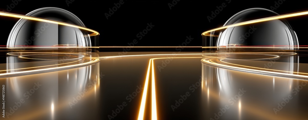Poster futuristic abstract landscape with glowing lines and spheres on a dark background for conceptual the