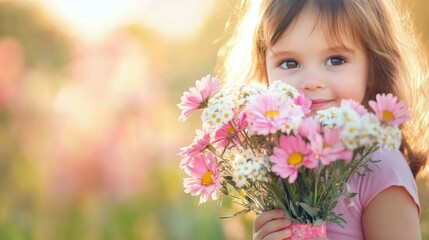 Naklejka premium Child holding a bouquet of pink and white flowers, soft focus.