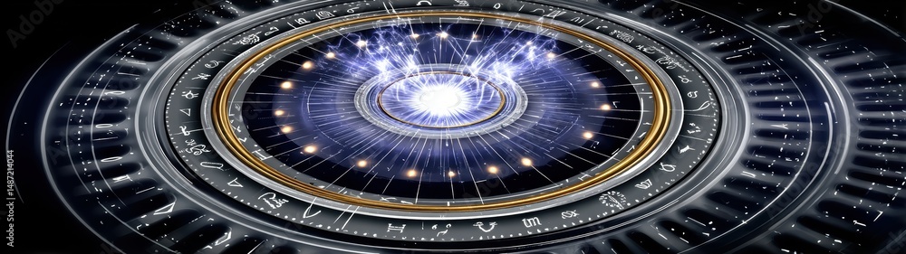 Poster futuristic cosmic clock with mystical symbols and sparkling light effects in dark space background f