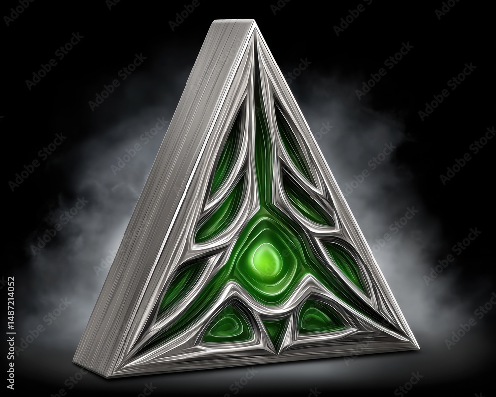 Poster abstract art piece featuring a triangular design with intricate metallic patterns and a glowing gree